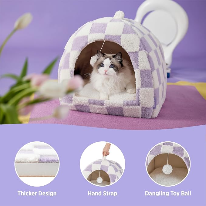 Lesure 2in1 Cute Cat House for Kitten with Washable Cushioned Pillow,17.3in | Cat Beds for Indoor Cats,Small Pet Cave Tent,Cozy Enclosed Foldable Hideaway,Fluffy Ball,Anti Slip Bottom,Hand Strap,Purple - Image 5