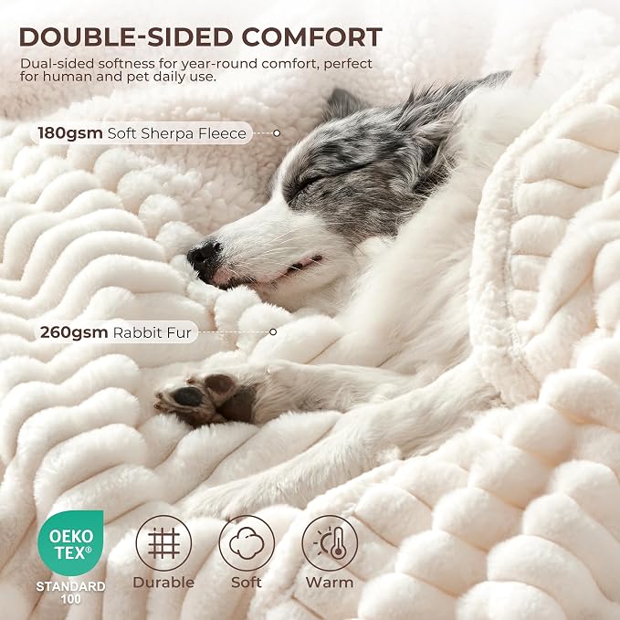 Waterproof Dog Blanket for Large Dogs, Soft Corduroy Fleece Pet Blanket Washable, Double Sided Cat Blankets for Furniture Protection, Reversible Cozy Calming Couch Blanket, 50"x60", Cream - Image 2