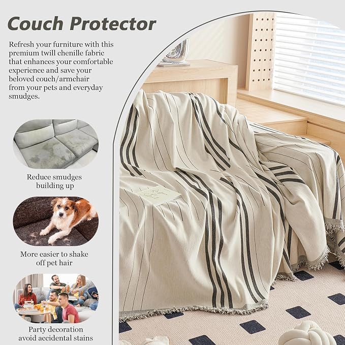 DREAMINGO Couch Cover for Armchair Reversible Chenille Chair Sofa Protector Washable Couch Cover Blanket for Living Room Striped Jacquard Recliner Furniture Slipcover 71"x71" - Image 5