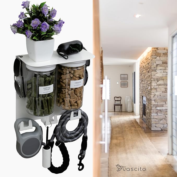 Dog Leash Holder for Wall with Shelf — Wall Mounted Dog Treat Holder & Station, 2 Airtight 32oz Treat Containers, 9 Hooks, Patented Lidless Slide-to-Seal Jars, Solid Steel, Made in USA - Image 7