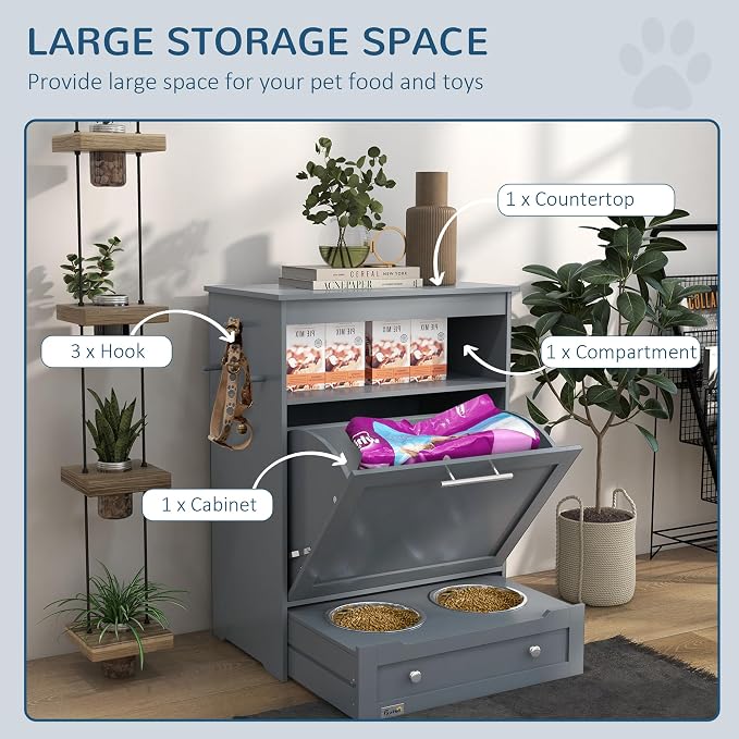 PawHut Dog Feeding Station with Raised Bowls, Pet Feeder Station, Gray | Dog Food Storage Cabinet, Hanger for Feeding & Watering Supplies - Image 4