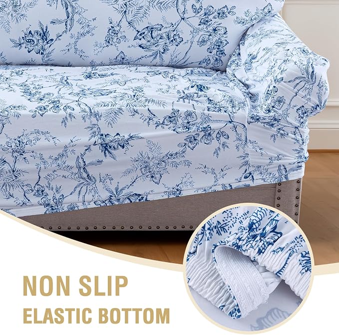H.VERSAILTEX Floral Pattern Loveseat Cover Printed 2 Cushion Sofa Cover High Stretch Couch Covers for Sofa Super Soft Fabric Couch Protector for Dogs (Garden Bliss-Blue,Loveseat) - Image 7