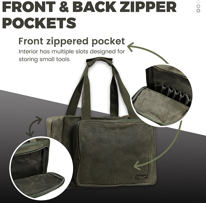 Tool Tote | Heavy Duty 16oz Waxed Canvas Tool Storage Bag - Portable 3 Pockets Tote Bag with Padded Handle& Metal Zipper, for Craftsman Gardener Carpenter Mechanic | 15.5"L x 7.5"W x 11.5"H - Image 4