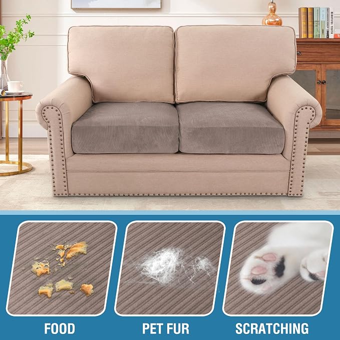 H.VERSAILTEX Velvet Stretch Couch Cushion Cover Plush Cushion Slipcover for Chair Loveseat Sofa Cushion Furniture Protector Seat Cushion Sofa Cover (2 Piece Large Sofa Cushion Covers, Taupe Striped) - Image 3