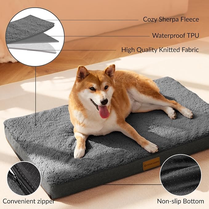 Patas Lague Orthopedic Large Dog Bed Pet Sofa Mat 42''X28'' Dark Grey | Egg-Crate Foam Dog Couch For Large Sized Dogs, Waterproof Removable Washable Cover, Soft Pet Crate Bed With Nonskid Bottom - Image 3