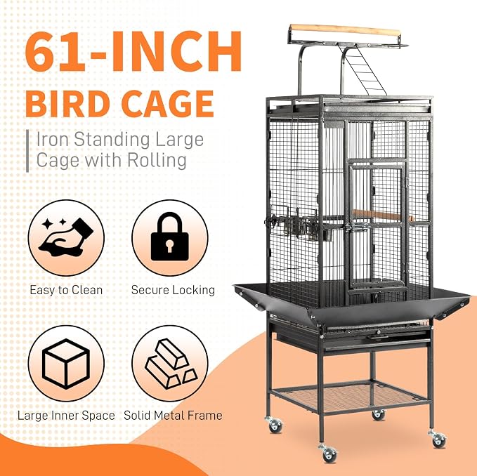VINGLI Bird Cage with Wheels, 62 inch Bird Cages with Play Top, Wrought Iron Cage with Rolling Stand for Parrots, Cockatiels, Budgies, Lovebirds, Small/Medium Birds (Black) - Image 2