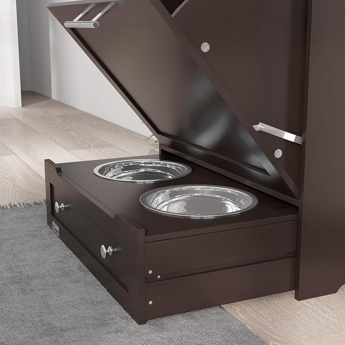 PawHut Dog Feeding Station with Raised Bowls, Pet Feeder Station, Brown | Dog Food Storage Cabinet, Hanger for Feeding & Watering Supplies - Image 9