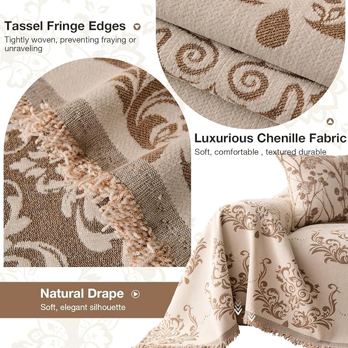 STACYPIK Vintage Floral Sofa Cover for Dogs, Versatile Couch Cover Blanket | Beige, Thick Chenille, Washable Jacquard Couch Protector for 3 Cushion Couch/Loveseat/Sectional Sofa, Pet Friendly-71"x134" - Image 2