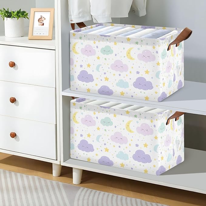 Cute Clouds Moon and Stars Purple Baby Storage Basket with Labels&Handles Rectangular Waterproof Nursery Storage Bins Collapsible Shelf Organizer Baskets for Kids Books Cloth Gift Toys Laundry - Image 2