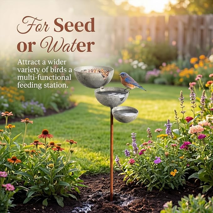 Multi-Tier Rain Catcher Garden Stake & Bird Bath for Outdoors, Rusty Metal Garden Decor Bee Watering Station, Flower Garden Stakes Bird Bath for Lawn Yard Landscaping. (Metallic Primary Colors) - Image 8