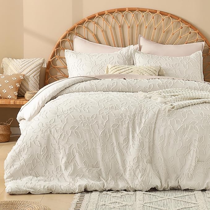 Litanika California King Size Comforter Set Beige, 3 Piece Cal King Cream Boho Tufted Bedding, Oversized Farmhouse Bed Set with 2 Leaf Pattern Pillowcases（104x96In） by Litanika