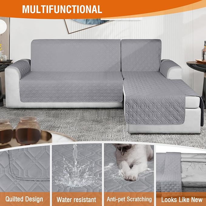 VANSOFY Sectional Couch Covers 100% Waterproof L Shaped Sofa Slipcover 3pcs Reversible Chaise Lounge Cover for Sectional Sofa Furniture Protector Cover for Pets Cat Dog(Small, Light Gray) - Image 5
