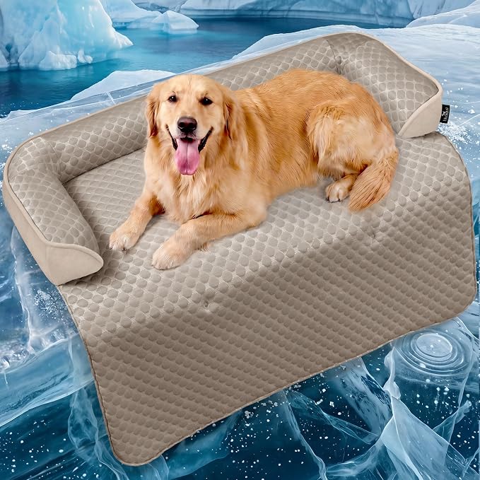 X-Large Cooling Dog Bed Mat - 45 x 37 inch Waterproof Couch Cover for Dogs Washable, Non-Slip Bottom Self Cooling Mat for Dogs, Durable & Non-Gel, Dog Couch Bed for Sofa Floor Car, Taupe by blunique