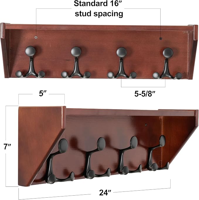 SKOLOO Wall Shelf with Hooks, 24-Inch Cherry Coat Rack Wall Mount with Shelf Organizer - Heavy Duty, 4 Tri Hooks - Perfect for Entryway, Hallway, Living Room, Bedroom, Mudroom - Image 2