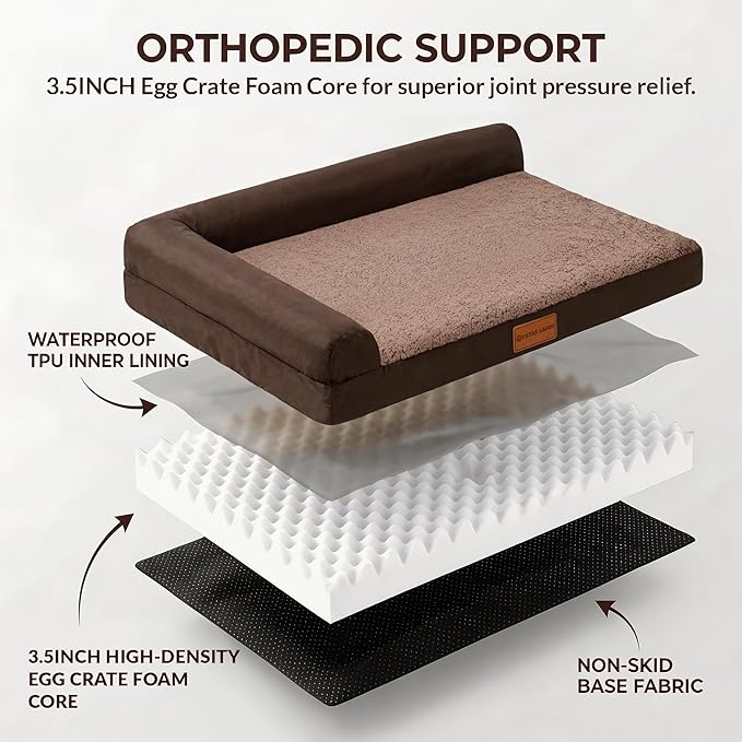 Patas Lague Orthopedic Large Dog Bed Pet Sofa Beds 48''X30''Brown | L Bolster Egg-Crate Foam Dog Couch For Large Sized Dogs, Waterproof Removable Washable Cover, Pet Mat with Nonskid Bottom - Image 4