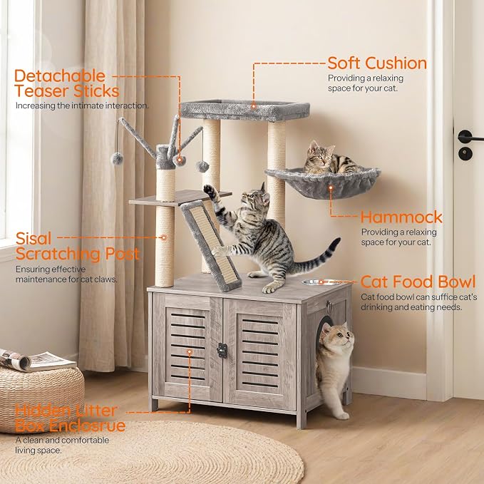 HOOBRO Cat Tree with Litter Box Enclosure, 44" Tall Wooden Cat Tower with Scratching Posts, Cat Hammock, Hidden Litter Box Furniture, All-in-One Indoor Cat Condo, Greige BG48MZ03 - Image 7