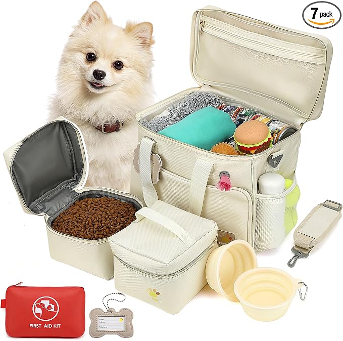 Pet Travel Bag, Large Beige Dog Carrier with Multiple Compartments and Adjustable Straps, Dog Suitcase for Weekend Camping, Pet Diaper Bag for Travelling(Beige) by PMPETE