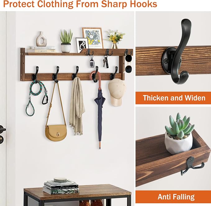 29'' Coat Rack Wall Mount with Shelf, Coat Hanger Wall Mount with Key Hooks and Mail Holder, Wood Entryway Floating Shelf with Hooks and Storage, Hat Rack for Wall Key Holder Mail Organizer - Image 3