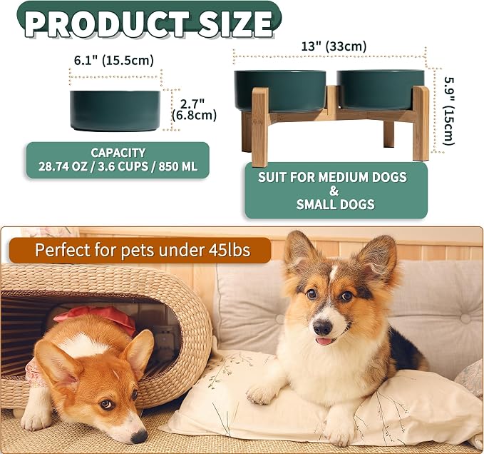 Elevated Ceramic Dog Bowl, 3.6 Cups Dog Food and Water Bowl Set with Stand | 6.1'' Double Dog Feeding Dishes, Non-Slip Raised Dog Feeder for Small and Medium Breeds, 28.74 OZ / 850 ML, White - Image 2