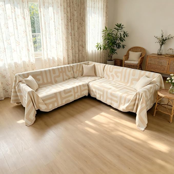 1OO% Waterproof Sectional Couch Covers for Dogs L Shaped Corner Sofa Cover Washable Chenille Sofa Slipcovers Blanket Modern Jacquard Pet Furniture Protector (91"x252", Boho Beige) - Image 2