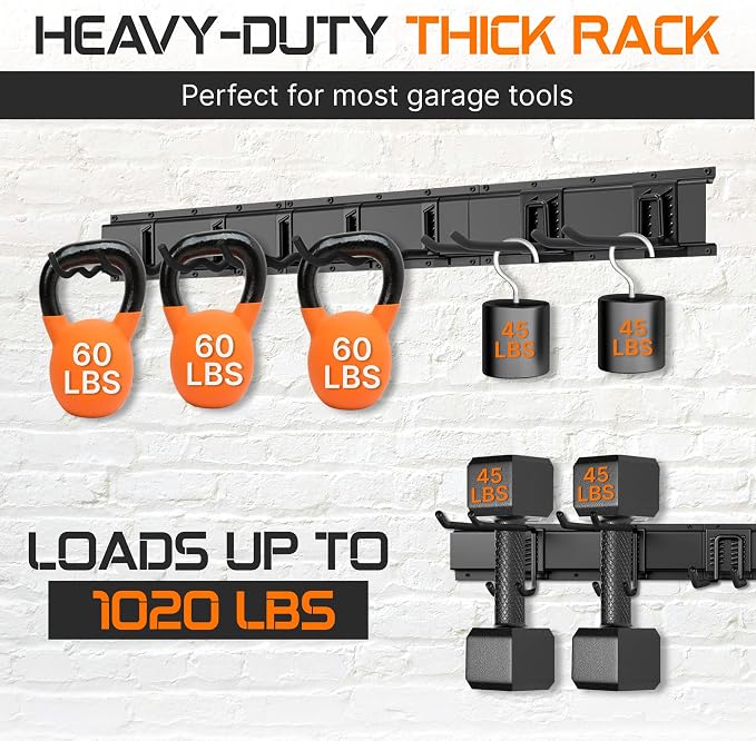 "96 Garage Tool Organizer Wall Mount - Heavy Duty 1020 lbs Metal Storage Rack, Easy Install Adjustable Hooks for Garden Tools Brooms - Image 2
