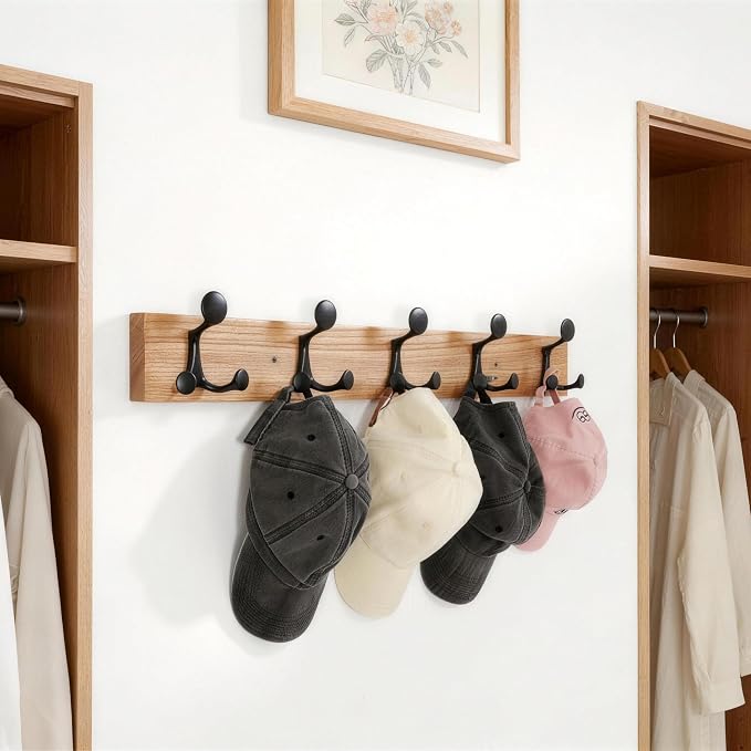 SKOLOO 24-Inch Wood Coat Rack Wall Mount with 5 Triple Hooks - Ideal for Family Entrances, Classrooms, and Pet Supplies Storage - Perfect Coat Hooks for Wall, Black on Natural - Image 4