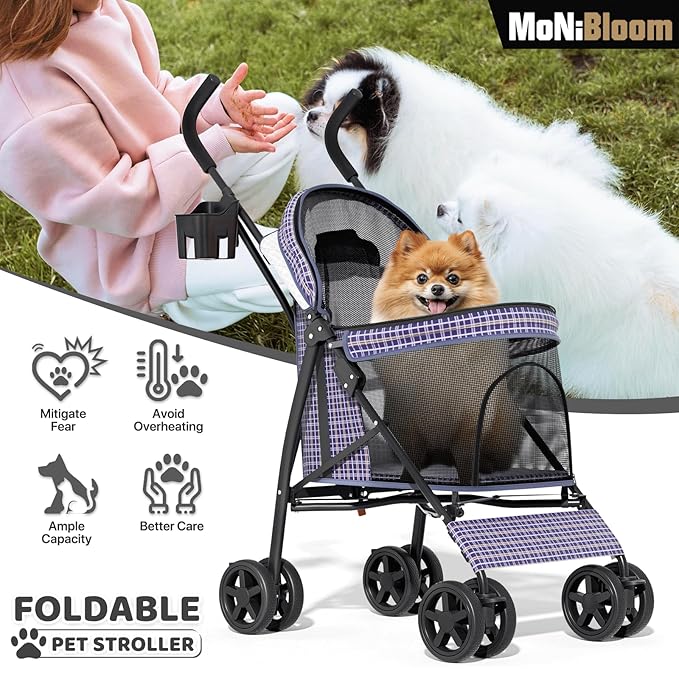 MoNiBloom 4 Wheels Pet Stroller, Easy-Fold Umbrella Shaped Dog Cat Jogger Stroller w/Storage Bag & Visible Mesh for Small/Medium Dogs Cats Plaid