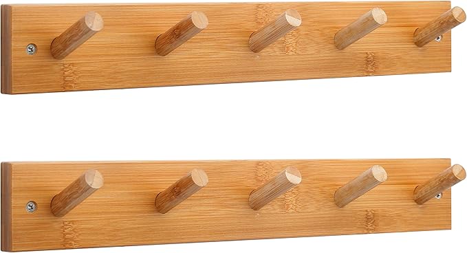 WEBI Coat Rack Wall Mounted,16" Hole to Hole,Coat Hanger Wall Mount with 5 Hooks for Hanging Coats,Hook Rack Peg Rail for Hats,Jacket,Clothes,Towels,Natural,2 Packs by WEBI