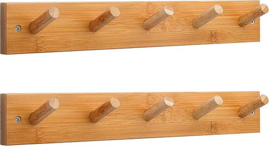 WEBI Coat Rack Wall Mounted,16" Hole to Hole,Coat Hanger Wall Mount with 5 Hooks for Hanging Coats,Hook Rack Peg Rail for Hats,Jacket,Clothes,Towels,Natural,2 Packs by WEBI