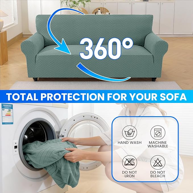 Stretch Sofa Cover Non-Slip Washable Furniture Protector | Stretch, 91"-110".Soft, Non Skid Foam, Elastic Bottom, Machine Washable, for Kids & Pets, Couch & Sofa, Pea Green - Image 8
