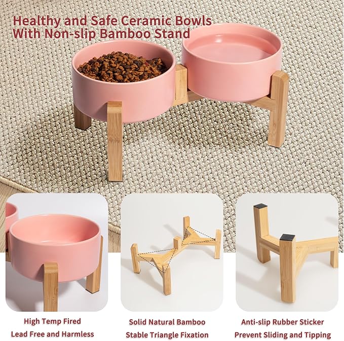 Elevated Ceramic Dog Bowl, 3.6 Cups Dog Food and Water Bowl Set with Stand | 6.1'' Double Dog Feeding Dishes, Non-Slip Raised Dog Feeder for Small and Medium Breeds, 28.74 OZ / 850 ML, White - Image 3