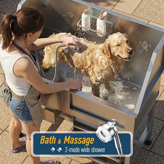 Professional Dog Washing Station, 46 Inch 304 Stainless Steel Pet Grooming Tub with Side-Mounted Faucet, Telescopic Ramp & Storage Drawer for Large & Senior Dogs, Outdoor Raised Sink (46" Right Ramp) - Image 4