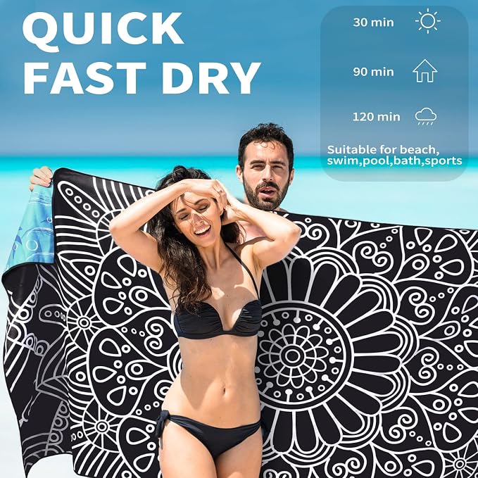 Microfiber Beach Towel Oversized 71x32, Thin, Black with Bag 2 Pack | Lightweight Sand Free Absorbent Quick Dry Compact Extra Large for Adult Travel Camping Pool Swim Bath Cruise Essentials Gift - Image 3