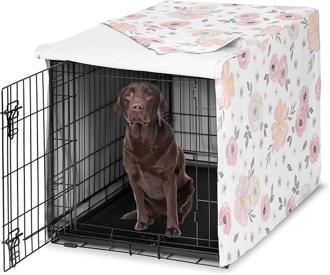 Sweet Jojo Designs 42in. Medium/Large Dog Crate Cover (Pink/Grey Boho Floral) for Girls Pet Cage, Kennel Covers (Watercolor, Flower, Elegant Rose, Shabby Chic, Farmhouse, Nature, Blush & Gray) by SweetJojoDesigns