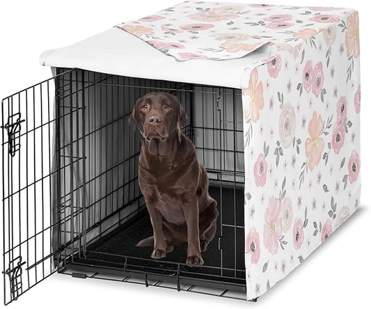 Sweet Jojo Designs 42in. Medium/Large Dog Crate Cover (Pink/Grey Boho Floral) for Girls Pet Cage, Kennel Covers (Watercolor, Flower, Elegant Rose, Shabby Chic, Farmhouse, Nature, Blush & Gray) by SweetJojoDesigns