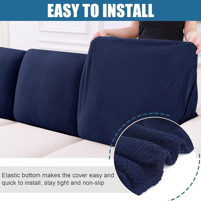 Smiry Waterproof Couch Cushion Covers, Non Slip Seat Cushion Covers | Stretch Jacquard Chaise Lounge Sofa Slipcover, Washable Elastic Furniture Protector for Pets, Back Cover M, Navy - Image 4
