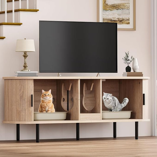 DWVO 55.1in Double Cat Litter Box Enclosure with Power Outlet | Wooden Kitty Litter Box TV Stand Furniture, Litter Box Furniture Hidden for 2 Cats, Light Oak by DWVO