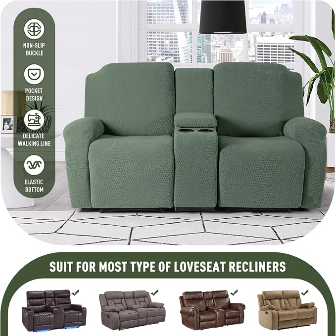 KinCam Loveseat Recliner Covers with Middle Console Slipcover, Greyish Green - Image 2