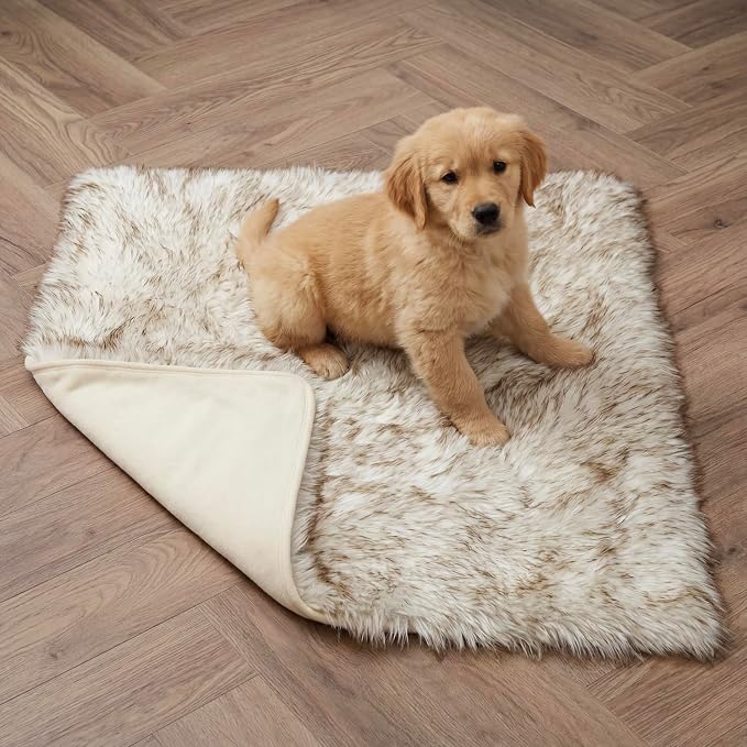 Faux Fur Dog Blanket, Waterproof Couch Cover, White w/ Brown Tips 40"x30" | Plush Sheepskin Style Pet Throw for Sofa, Bed, and Car, Washable Furniture Cover that Protects From Fur and Spills - Image 6