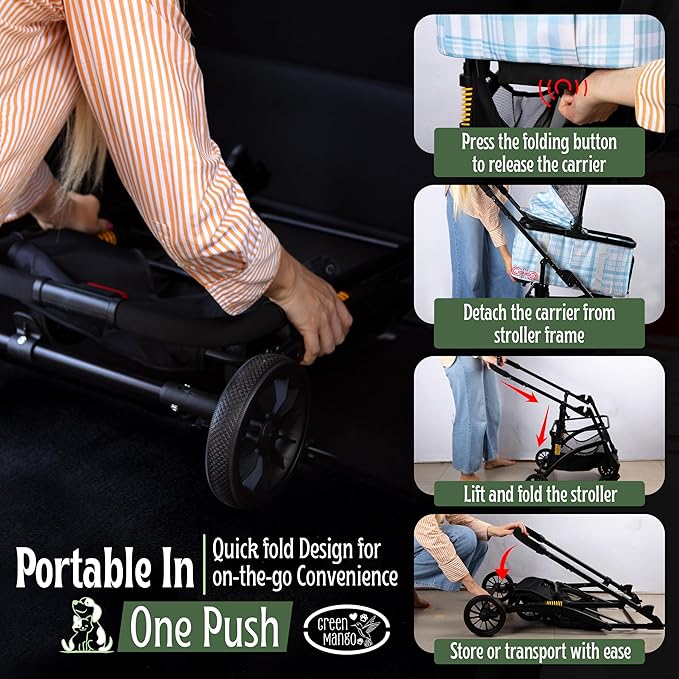 Green Mango Collapsible Pet Stroller with Suspension for Small/Medium Cats/Dogs. 3 in 1 Folding Stroller with Phone/Bottle Holder and Rain Cover, Car Seat and Storage Basket