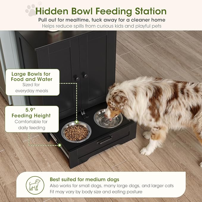Dog Feeding Station with Storage Cabinet, Black Wood Dog Cabinet with 2 Elevated Stainless Steel Bowls, Hidden Pull-Out Feeder Drawer, Pet Feeding Station for Kitchen and Living Room - Image 3
