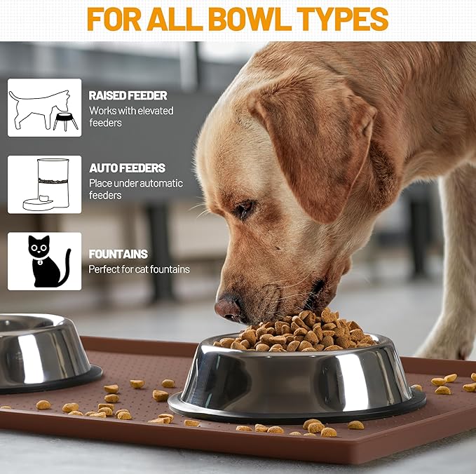 Hubulk Dog Feeding Mat,100% Waterproof Food Grade Silicone Pet Food and Water Bowl Placemat,Dishwasher, High Raised Edge to Prevent Spills,Nonslip Tray to Stop Messes on Floor（28"x18"x0.8", Brown） - Image 6