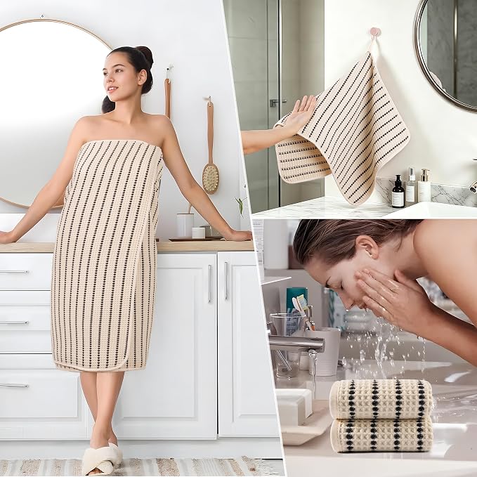 POLYTE 430 GSM Microfiber Quick Dry Lint Free Oversize Bath Towel Set, 6 Piece (Waffle Weave) - Image 5