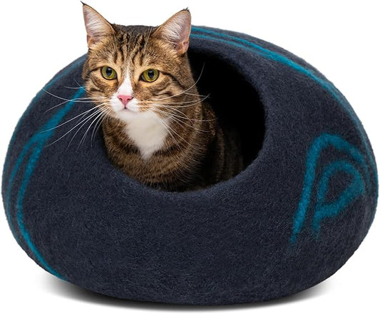 MEOWFIA Cat Cave – Premium Felt Cat Bed for Indoor Cats, Handmade 100% Merino Wool (Large, Black Aqua) by MEOWFIA