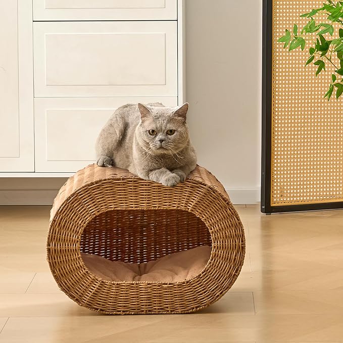 Cat House,Handwoven Cat Cave Pet Cube, Rattan Cat Beds Indoor Kitten House with Double-Sided Soft Cushions, Pet Cat House for Multiple Cats, for Living Room Bedroom - Image 7