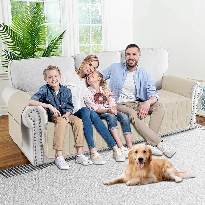 MAXIJIN Waterproof Oversized Couch Cover for Dogs Washable, Quilted Sofa Seat Cover for 3 Cushion Couch with Side Pockets, Non-Slip Furniture Protector for Pets Kids (Large Sofa, Beige) - Image 2