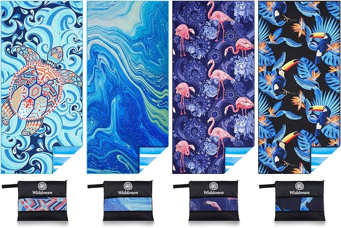 Widdonen Microfiber Beach Towel,Compact 4 Pack-71x32 Inch with Bag Travel | Extra Large,Lightweight,Thin,Sand Free,Quick Dry,Absorbent.Packable for Camping,Swim,Pool,Bath,Picnic,Cruise Essentials Gift by WIDDONEN
