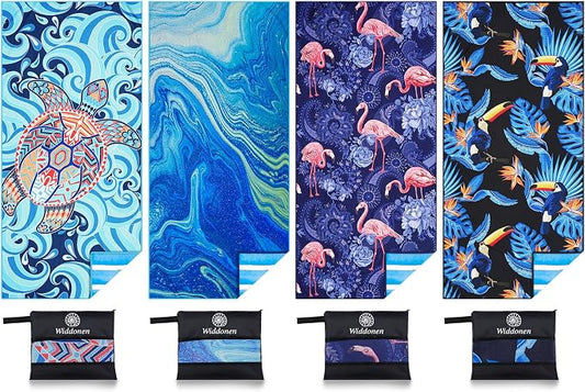 Widdonen Microfiber Beach Towel,Compact 4 Pack-71x32 Inch with Bag Travel | Extra Large,Lightweight,Thin,Sand Free,Quick Dry,Absorbent.Packable for Camping,Swim,Pool,Bath,Picnic,Cruise Essentials Gift by WIDDONEN