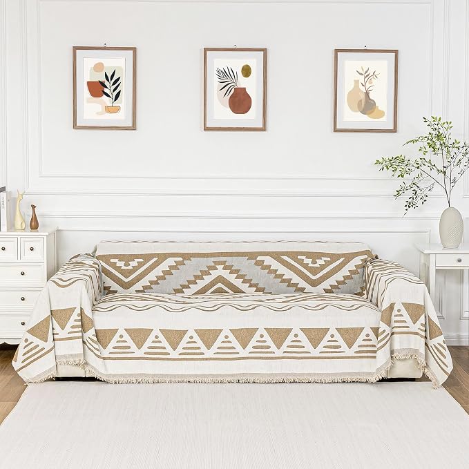 MYSKY HOME Boho Couch Cover for Dogs Washable Khaki Rhombic Couch Sofa Protector for Loveseat Sofa with Pets Friendly Chenille Geometric Sofa Covers Soft Durable Farmhouse Sofa Slipcovers, 71" X102" by MYSKYHOME