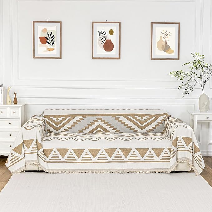 MYSKY HOME Sectional Couch Cover Khaki Boho Geometric Sofa Covers for Sectional Sofa L Shape Chenille Couch Protector for Dogs Pets Couch Throw Cover Washable Durable for Home Decor, 71" X118" by MYSKYHOME